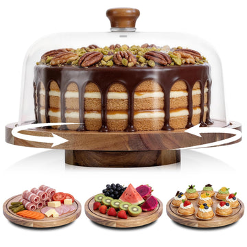 JOCHER Rotating Cake Stand with Lid, 12in Wooden Cake Holder with Acrylic Dome, Flat Bottom Round Dessert Stand, Cake Display Stand for Baking, Wedding, Kitchen, Birthday, Parties(Not Glass Lid)