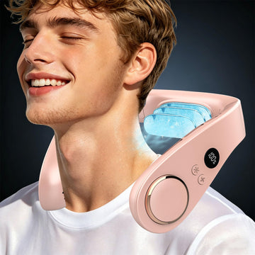 KJXIC Neck Fan with Cooling Plate-Neck AC Air Conditioner,Rechargeable Battery Operated Neck Cooler,Bladless Power Light Weight Noiseless Cooling for Travel,Camping,Outdoor,Sports Pink
