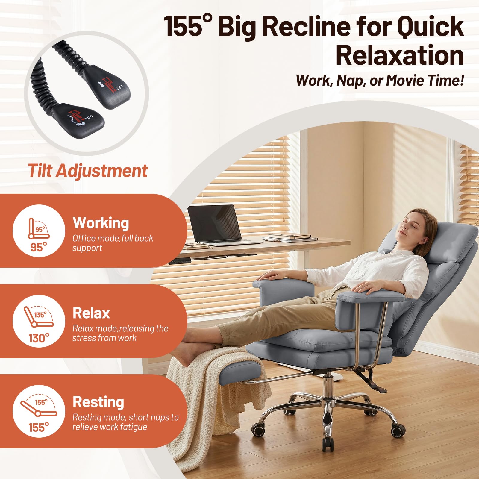 Furniliving Big and Tall Office Chair, Pu Leather High Back Executive Office Chair with Adjustable Lumbar Support, Gaming Chair with Padded Arm