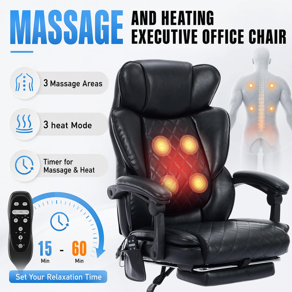 Smartue Executive Office Chair, 22.05" Wide Leather Ergonomic Office Chair with Lumbar Support, Footrest and 6-point Vibration Massage,
