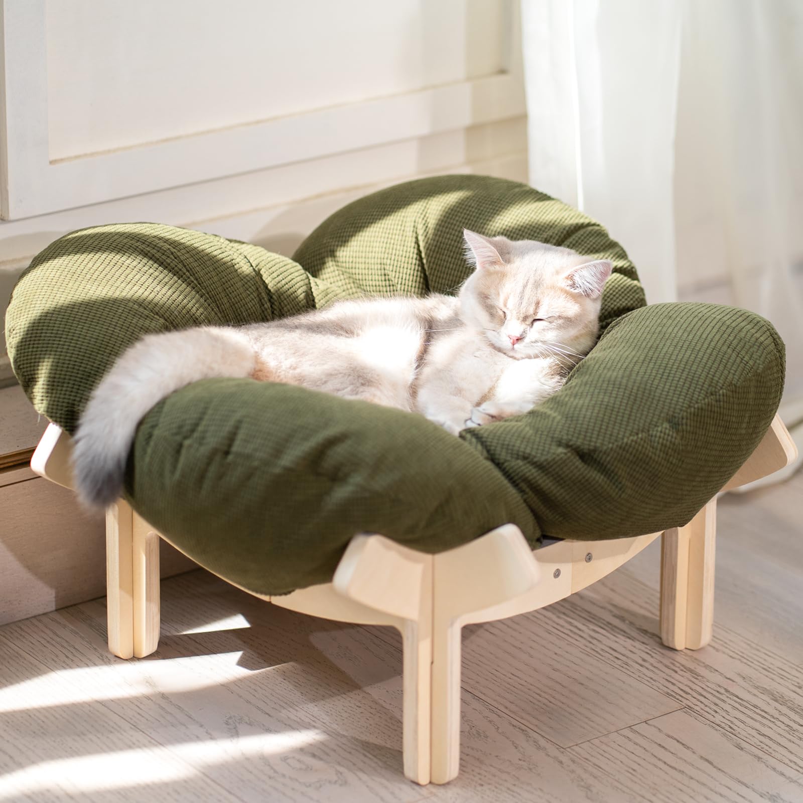 CHEERHOME PETS Elevated Cat Bed Wooden with Cushion Fluffy Pet Couch Sofa for Indoor Cats Raised Kitty Lounge Chair Suitable for Puppy, Cat Furniture(Green)
