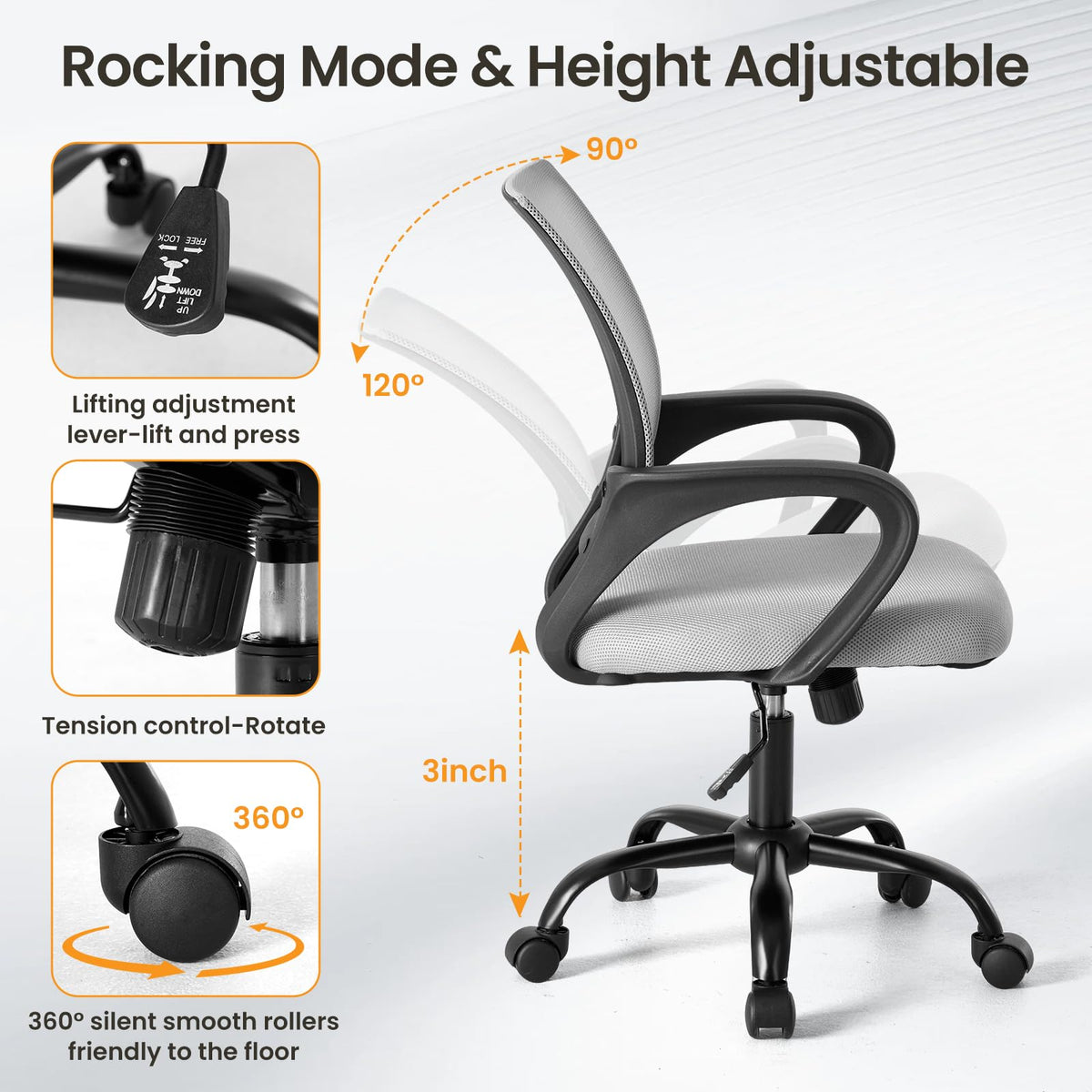 Olixis Office Desk Chair, Ergonomic Home Mesh Chair, Lumbar Support, 1, Grey