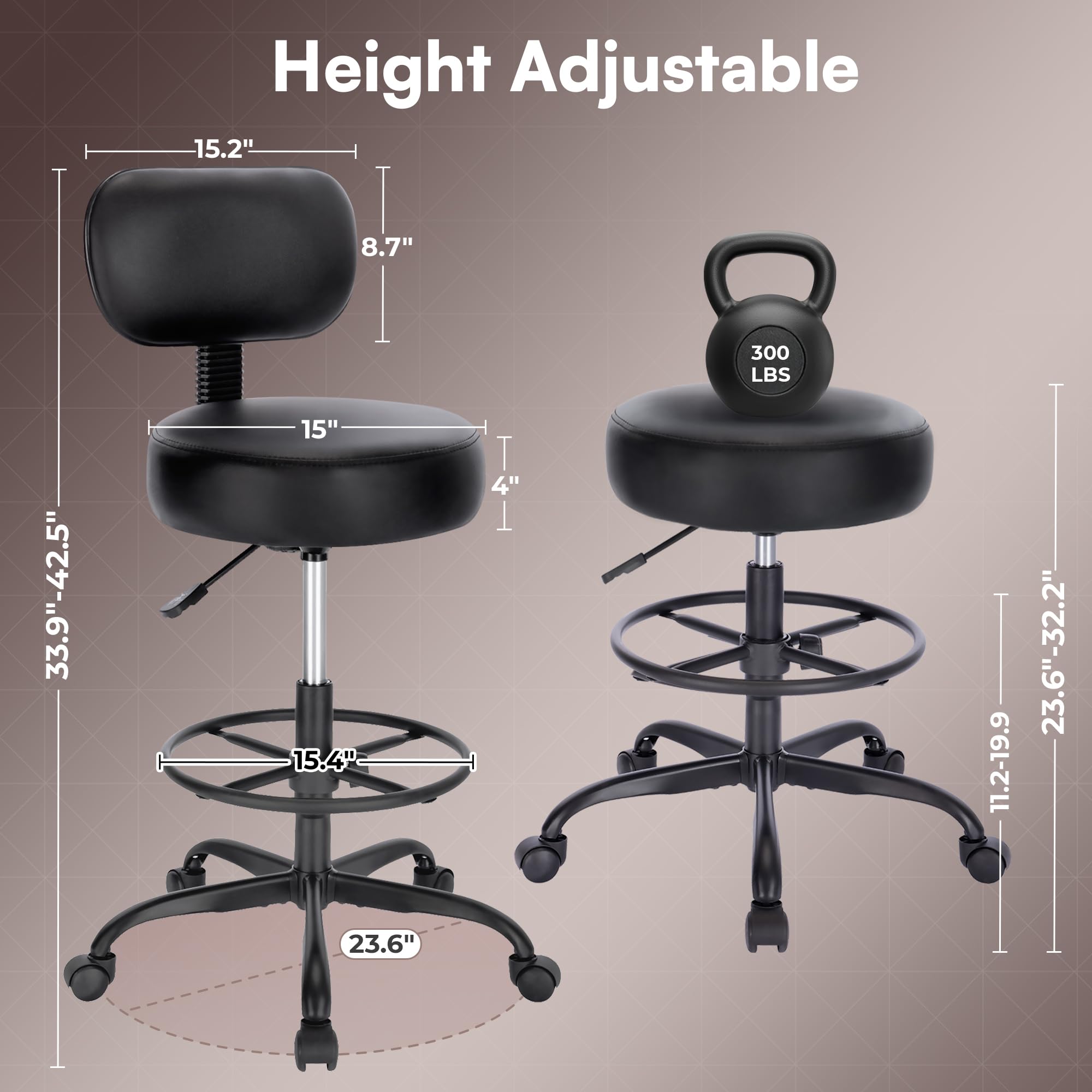 Superjare Drafting Chair with Backrest, Set of 3, Swivel Barstools for Shop, All Black