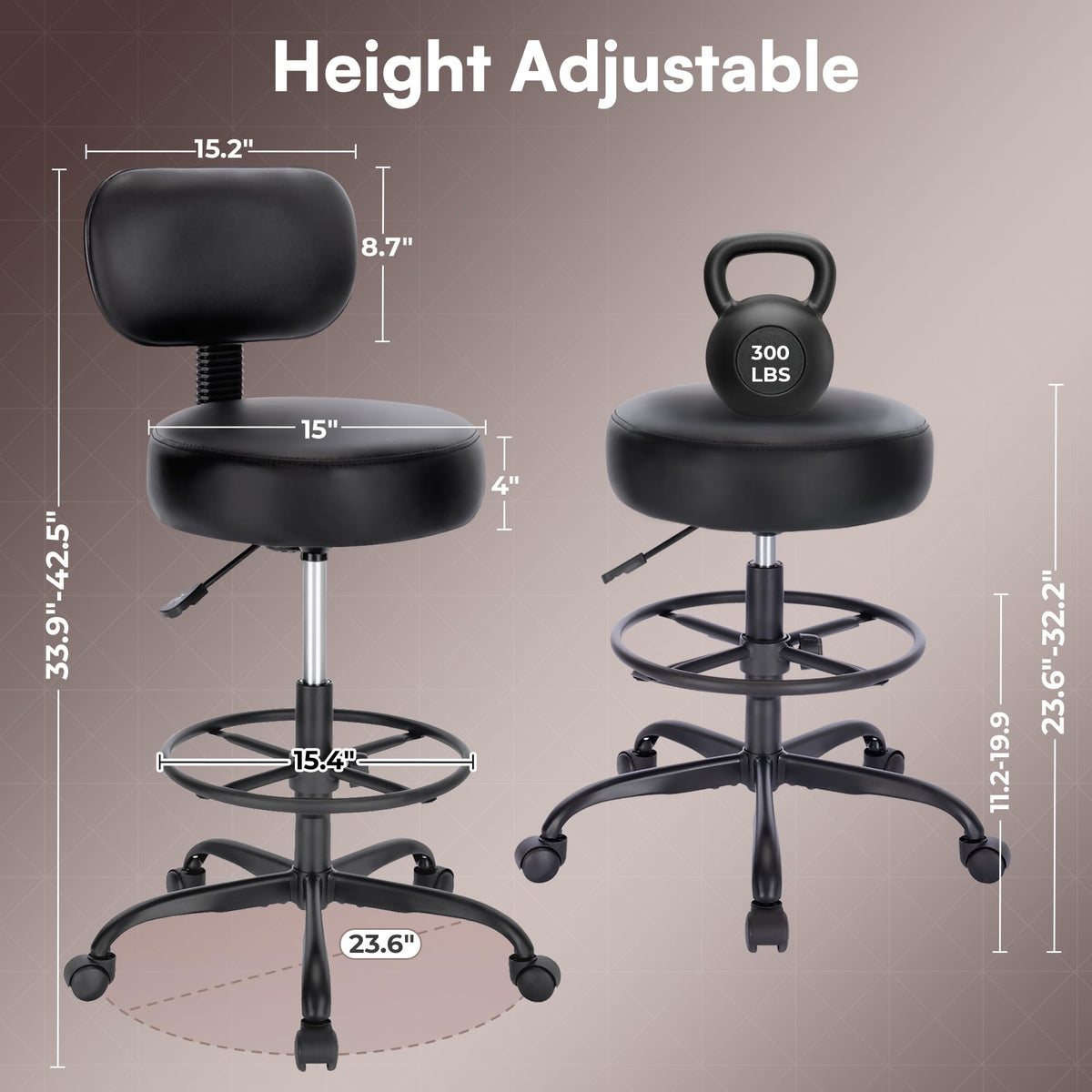 Superjare Drafting Chair with Backrest, Set of 4, Swivel Barstools for Shop, All Black