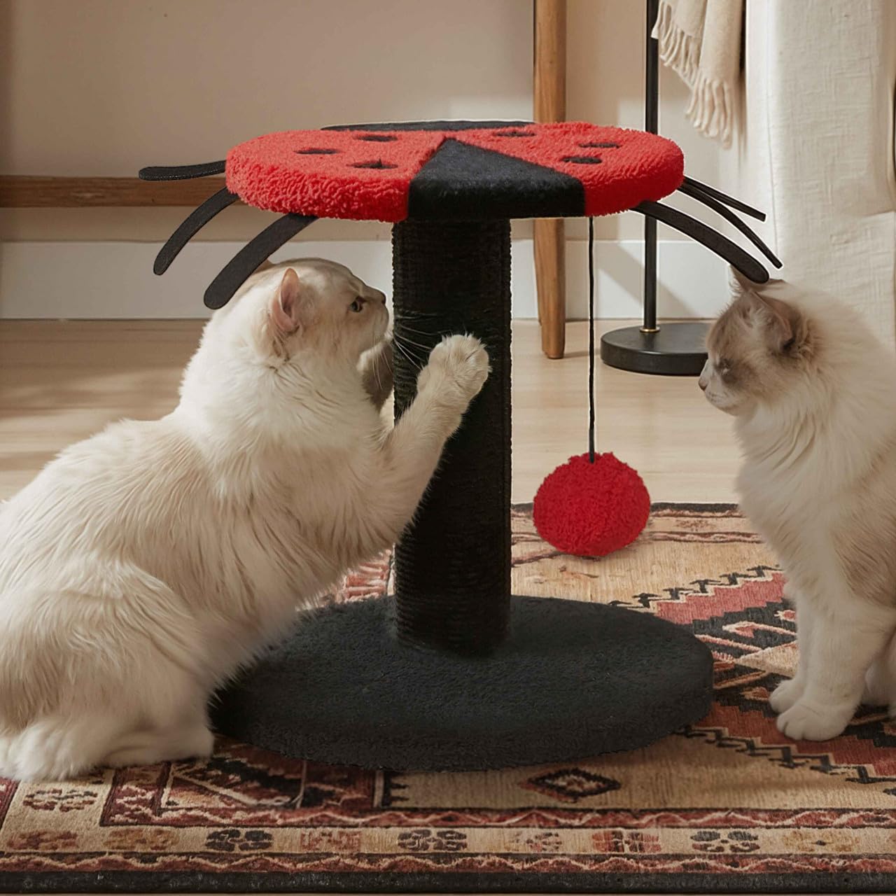BOWHAUS Lady Bug-Style Cat Scratching Post, Cat Scratcher with Sisal Rope and Interactive Hanging Ball, 10 Inch Scratching Post for Indoor Cats and Kittens