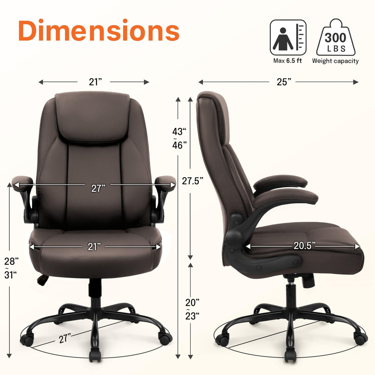 Neo Chair Office Desk Chair, High Back Pu Leather with Flip-up Arms, Brown, Medium