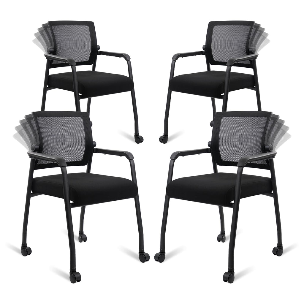 Klasika Waiting Room Chairs with Wheels, Adjustable Mesh Backrest, Desk Chair with Ergonomic Lumbar Support and Thickened Seats Cushion, 4 Pack