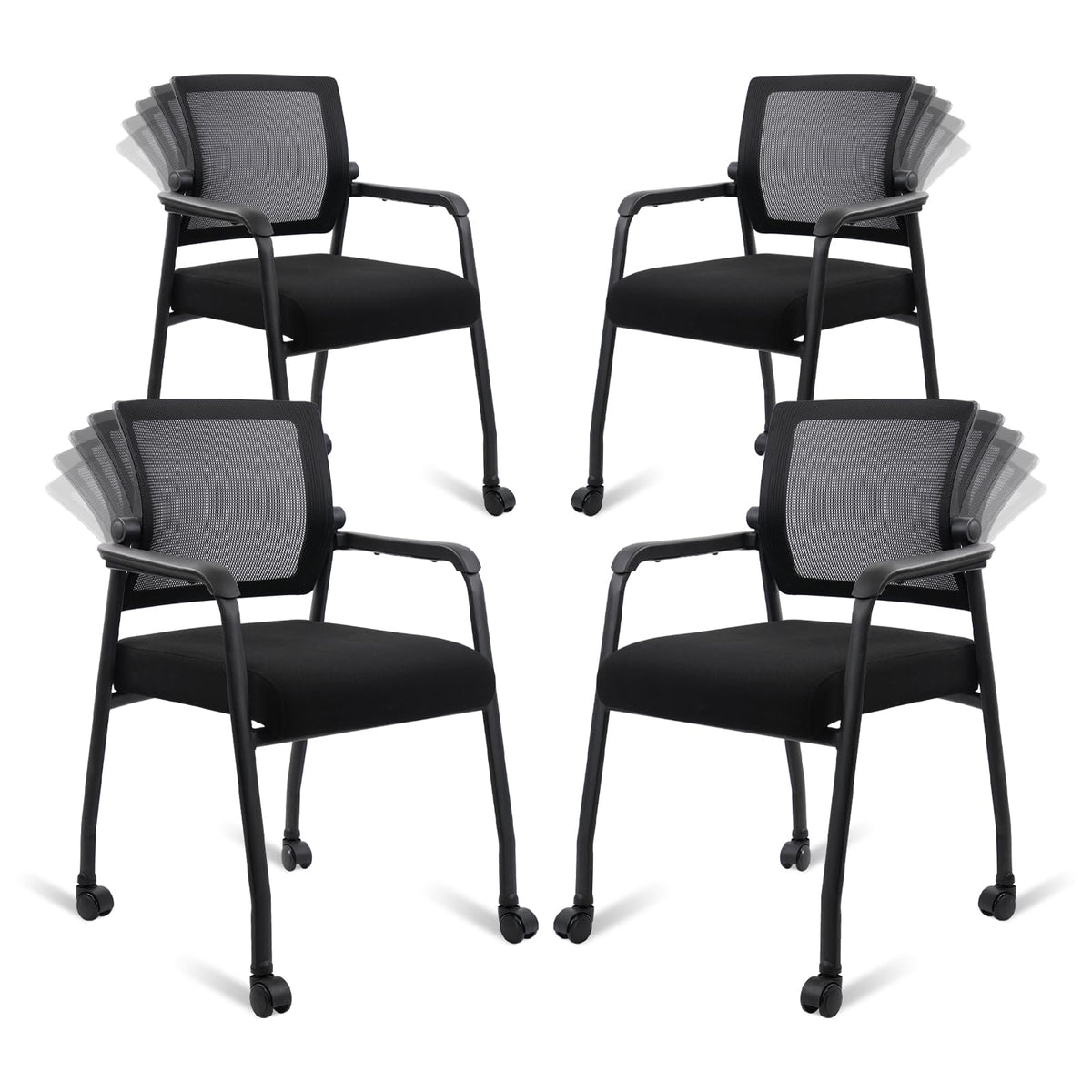Klasika Waiting Room Chairs with Wheels, Adjustable Mesh Backrest, Desk Chair with Ergonomic Lumbar Support and Thickened Seats Cushion, 4 Pack