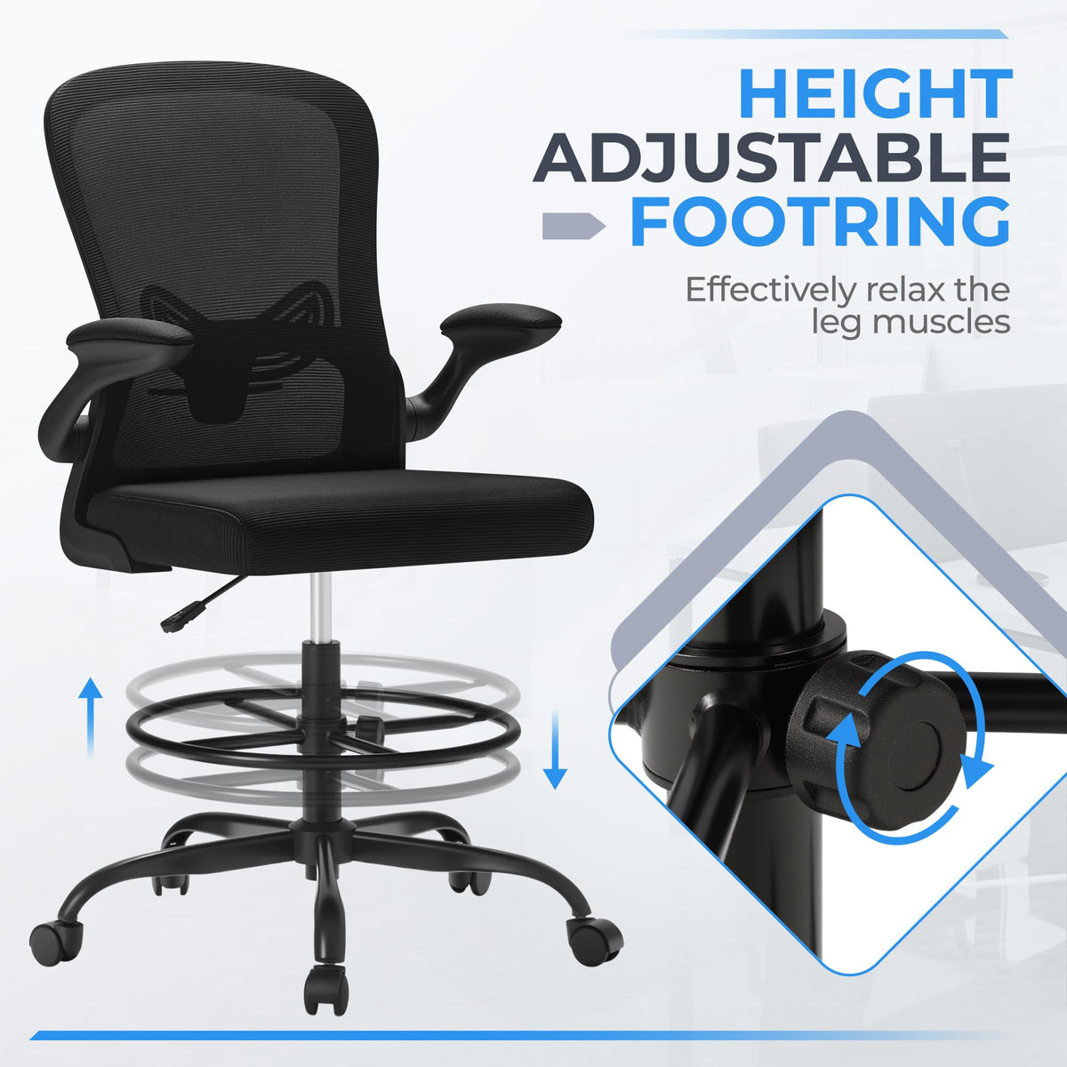 Devoko Ergonomic Drafting Chair with Flip-up Armrests,executive Tall Office Chair Standing Chair with Lumbar Support and Adjustable Footrest