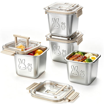 YEJZXY 4 Pack Stainless Steel Food Containers with Handle Lids, 850ml 29oz 100% Leakproof Stackable Lunch Box Set, Reusable Metal Snack Containers with Rabbit Print, Food-grade, Dishwasher Safe