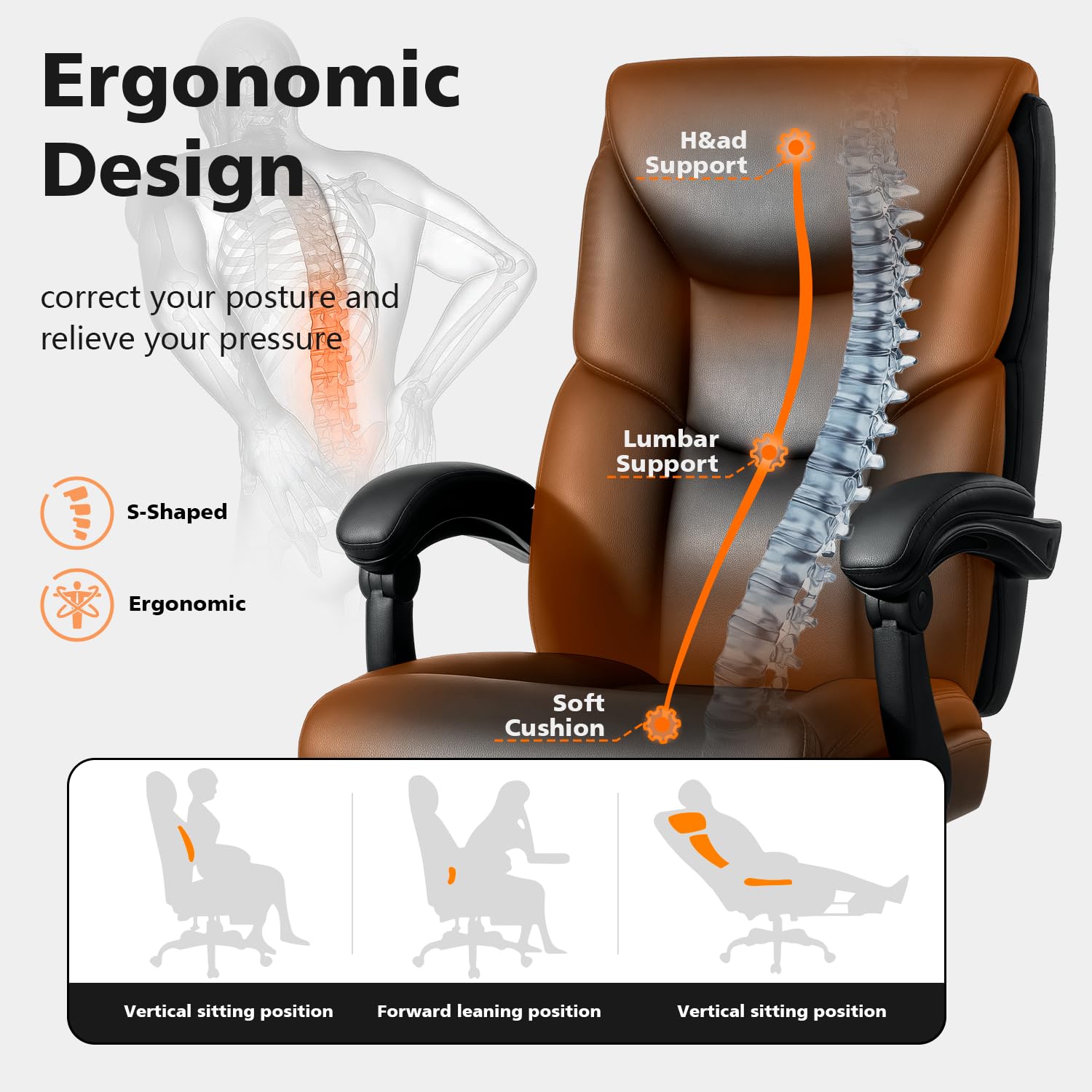 Wailor 400lbs Office Chair with Foot Rest, Reclining Big and Tall Office Chair with Lumbar Support Spring Cushion, High Back Pu Leather