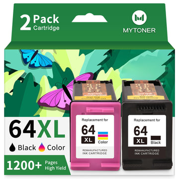 MYTONER 64XL Ink Cartridge Black and Color Combo Pack High-Yield Replacement for HP Ink 64 HP 64 Ink Work with Envy Photo 7855 7858 7100 7155 7120 6252 7800 7158 Tango X Printer Ink 64XL (2 Pack)