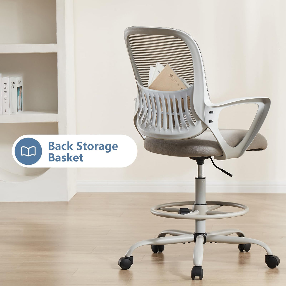 Dumos Drafting Chair - Ergonomic Tall Office for Standing Desk, Counter with Height Adjustable and Comfortable Lumbar Support, Fixed Armrests,