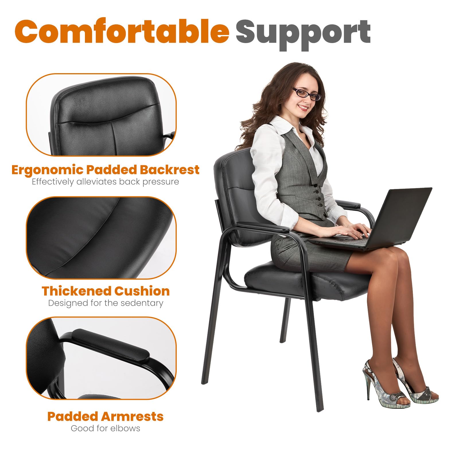 Olixis Waiting Room Reception Chairs Set of 4, Leather Office Desk Guest Stationary Side Chair with Padded Arms for Home Conference Lobby Area