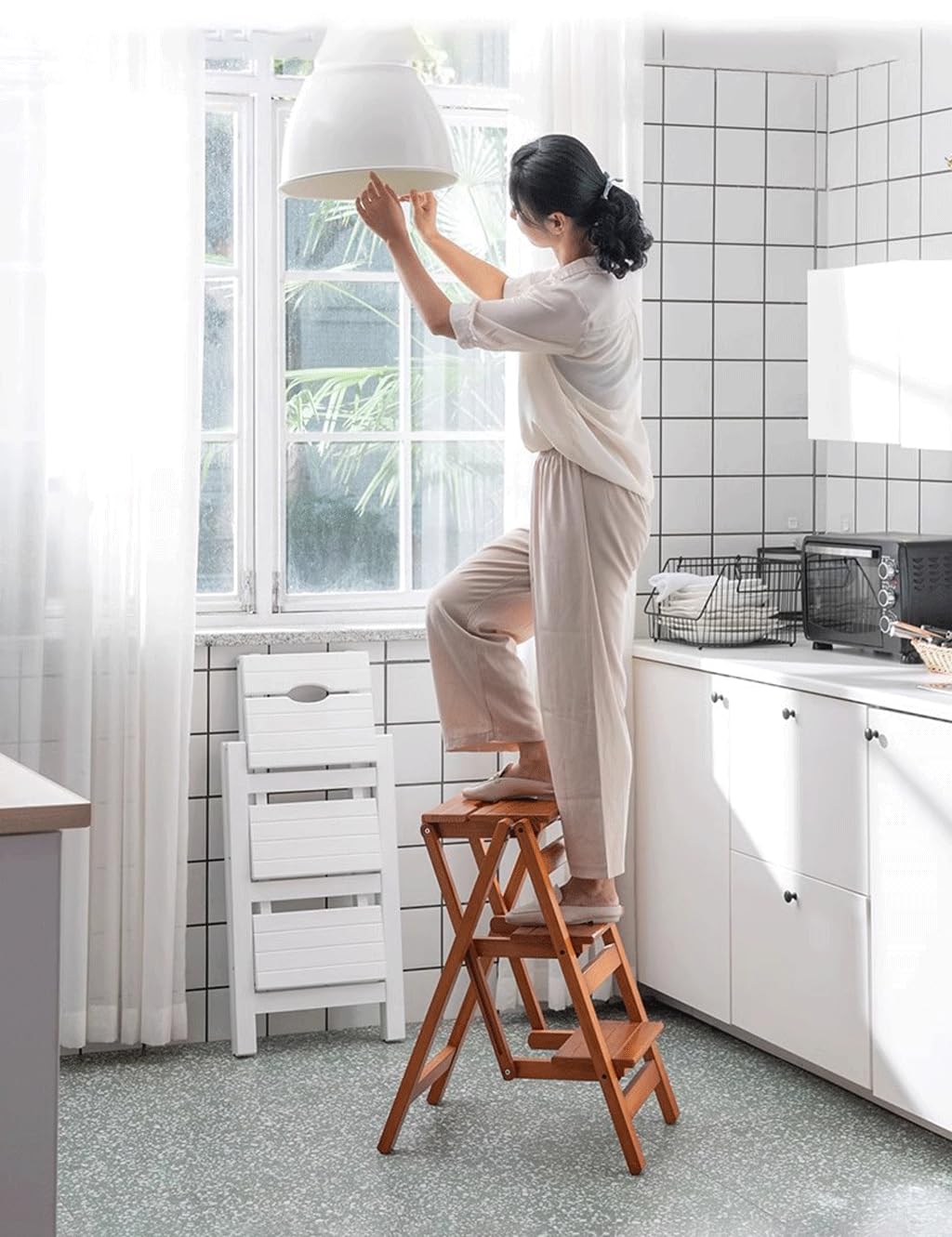 Bidesen 3-step Folding Ladder Stool - 330 Lb Capacity, Solid Pine Wood, Anti-slip Steps, Space-saving Foldable Design for Home Kitchen -