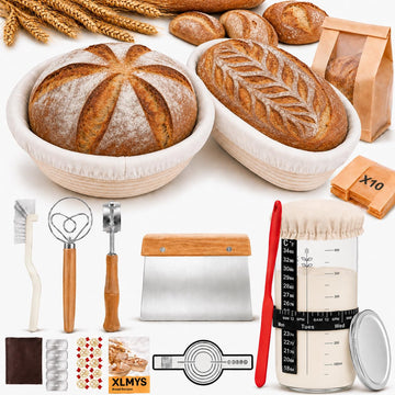 Sourdough Starter Kit - Banneton Proofing Basket 9 Inch Round & 10 Oval, Complete Sourdough Bread Baking Supplies with Starter Jar, Bread Sling, Lame, Danish Dough Whisk, Bags