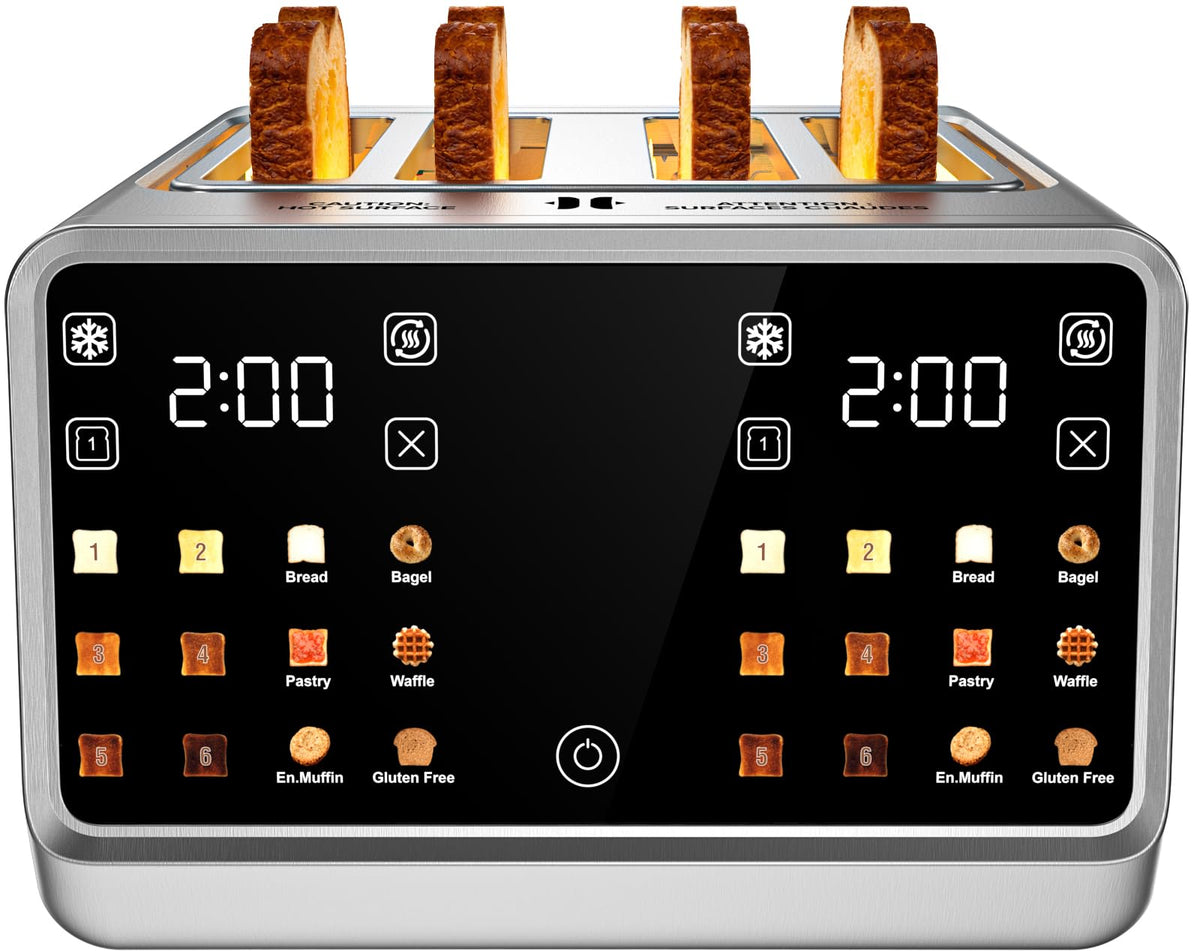 Smart Toaster 4 Slice, 1.5" Extra-Wide Slots for Bagels & Thick Bread – No Squeezing, Dual-Zone Touchscreen with 6 Presets, 1800W Rapid Heating, Single-Slice Energy Saving Mode