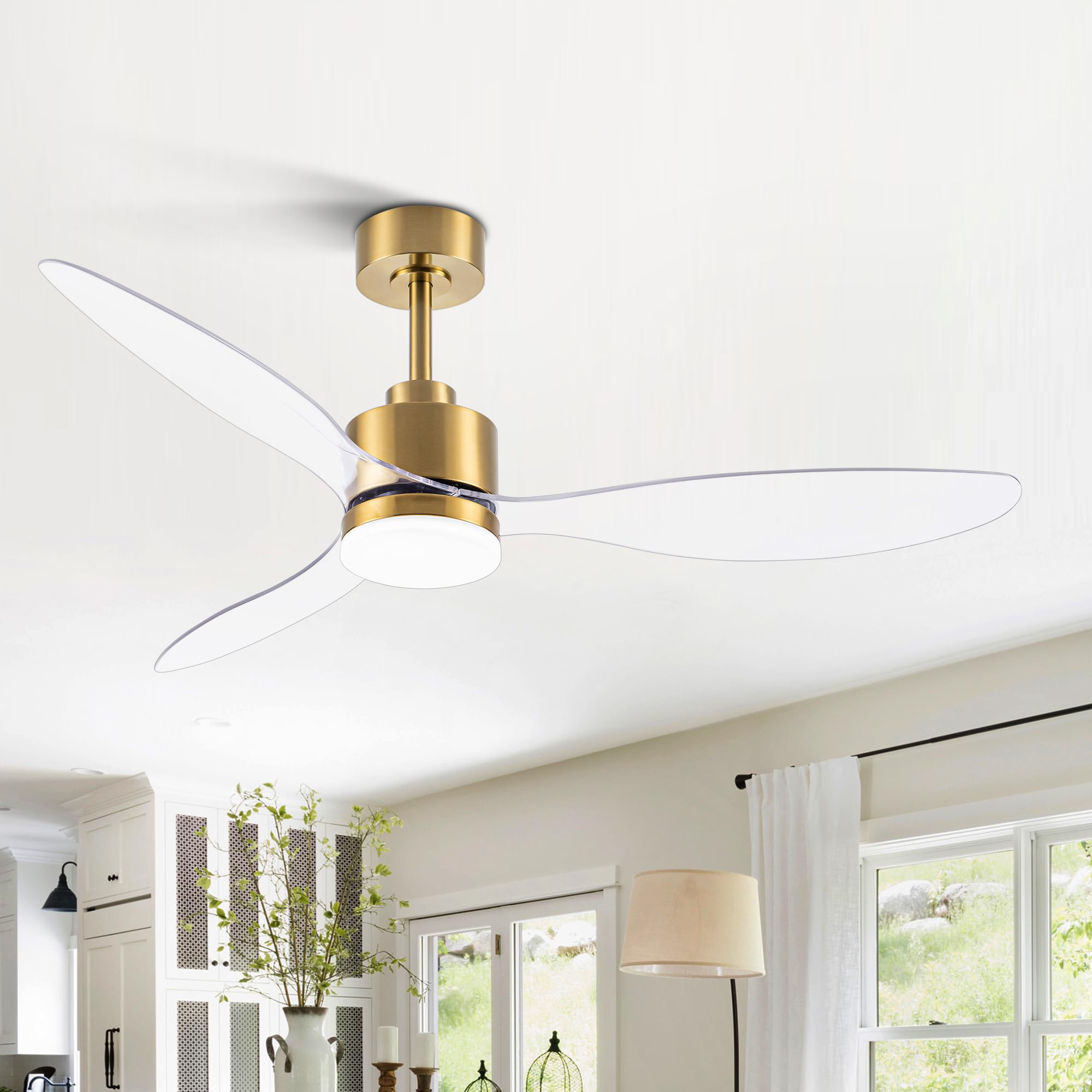 52 Inch Ceiling Fans with LED Light Remote Control, Modern Ceiling Fan with Reversible DC Motor, 3 Blades and 3 Color Temperature, LED Light Chandelier for Bedroom (Gold & 3 Transparent Blades)