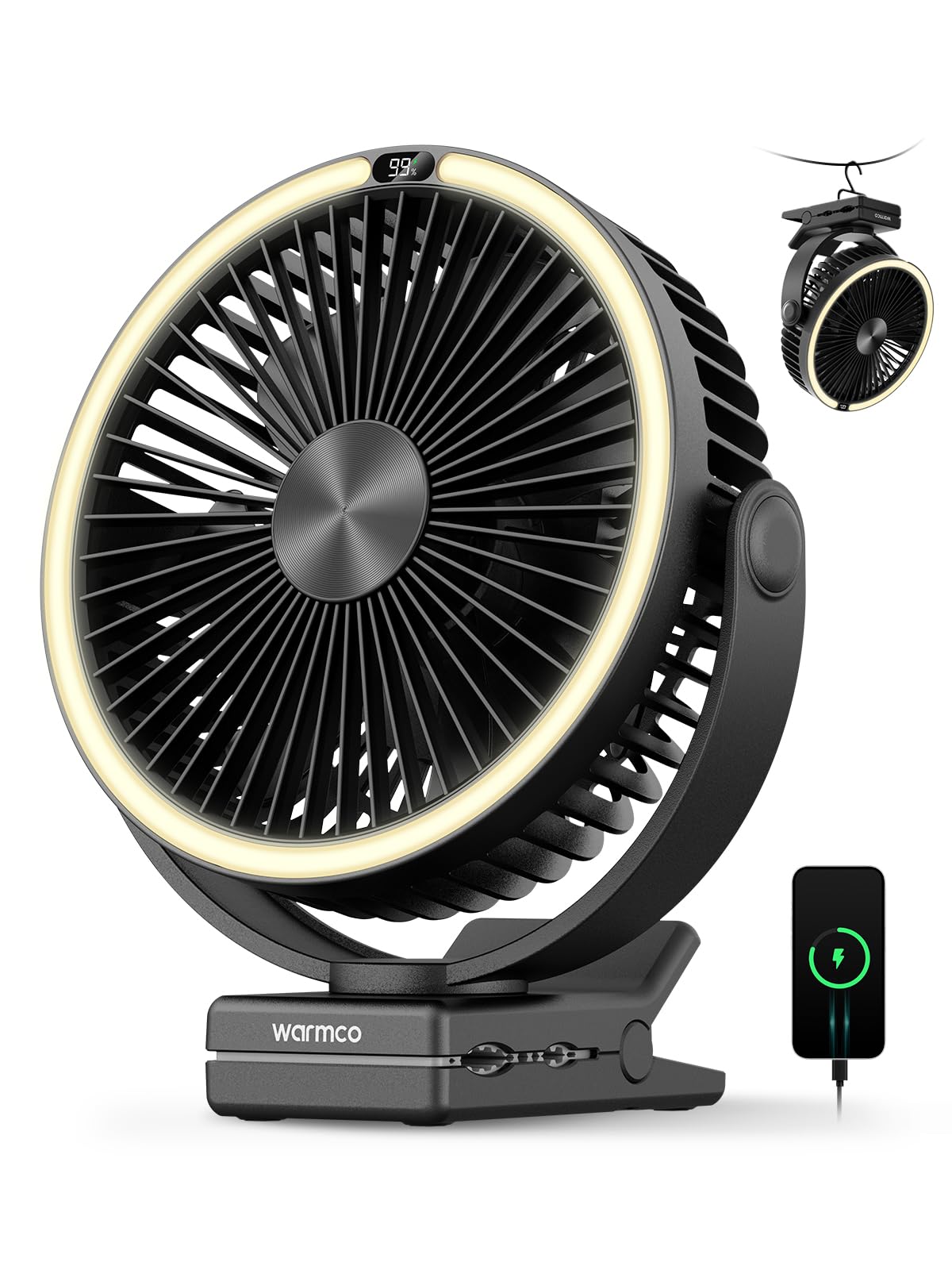 Warmco 15000mAh Clip on Fan with LED Light for Camping and Golf Car
