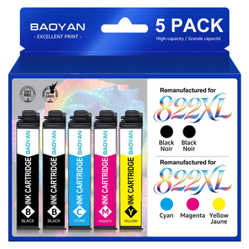 Remanufactured Ink Cartridges Replacement for Epson 822XL 822 XL Ink Cartridges Combo Pack Works with Workforce Pro WF-3820 WF-3823 WF-4820 WF-4830 WF-4833 WF-4834 Printers (5-Pack)