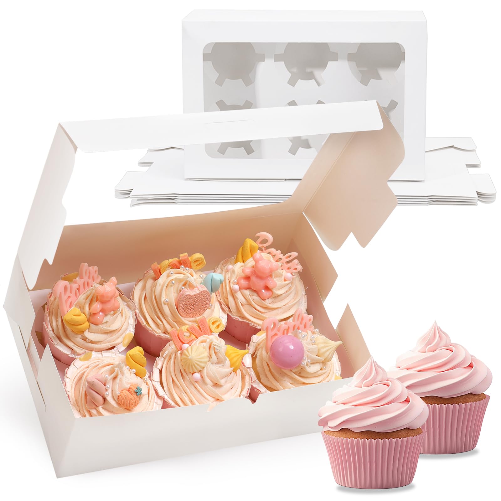 6 Count White Cupcake Boxes with Window - 36 Total Capacity Cupcake Carrier Sets for Birthday Holiday Party Bakery Supplies