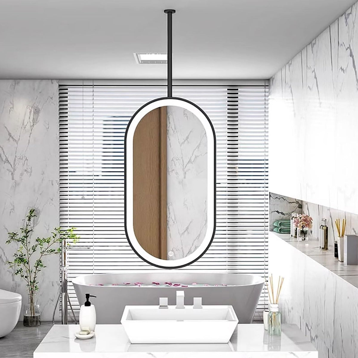 Black Metal Pole Ceiling Suspended LED Mirror Ceiling Mounted Suspended Corridor Bathroom Mirror Easy to Install for Living Room Entrance Hall(Black,50 * 80cm/20 * 32in)