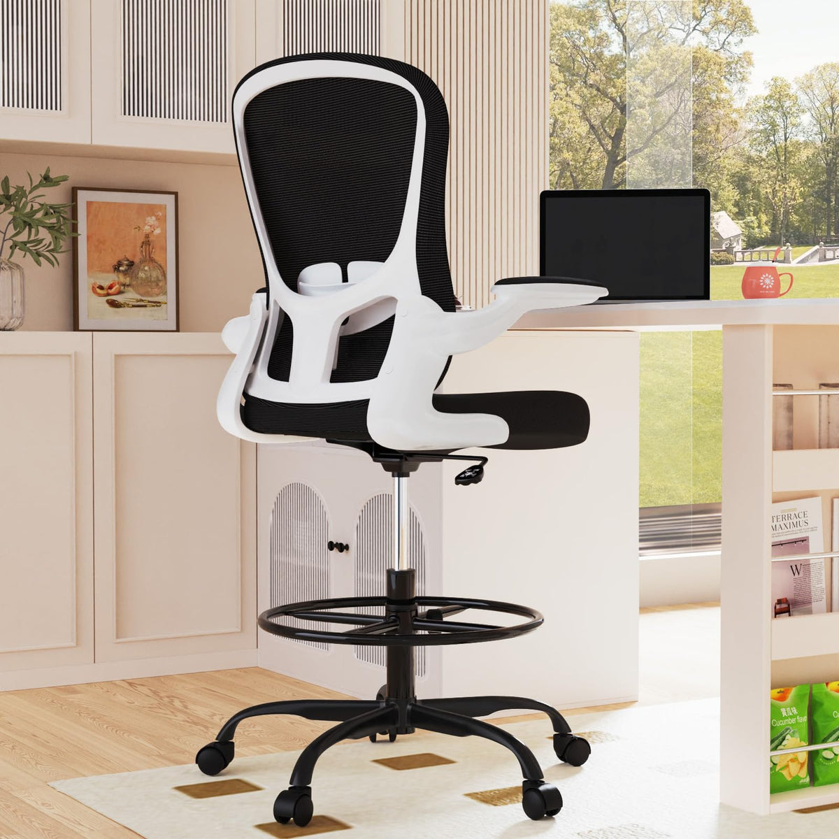 Drafting Chair, Tall Office Chair with Flip-up Armrests Executive Ergonomic Computer Standing Desk Chair, Office Drafting Chair with Lumbar