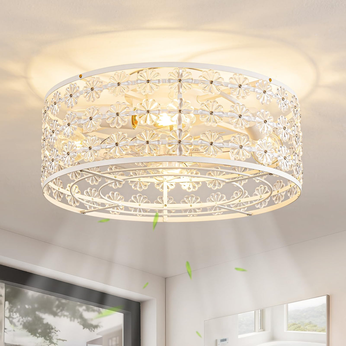 White Caged Ceiling Fan with Light and Remote, Modern Romantic Flower Crystal Ceiling Fans with Lights, Flush Mount Low Profile Fandelier, 6-Speed Reversible for Bedroom,Dining Room,Girls Room,Nursery