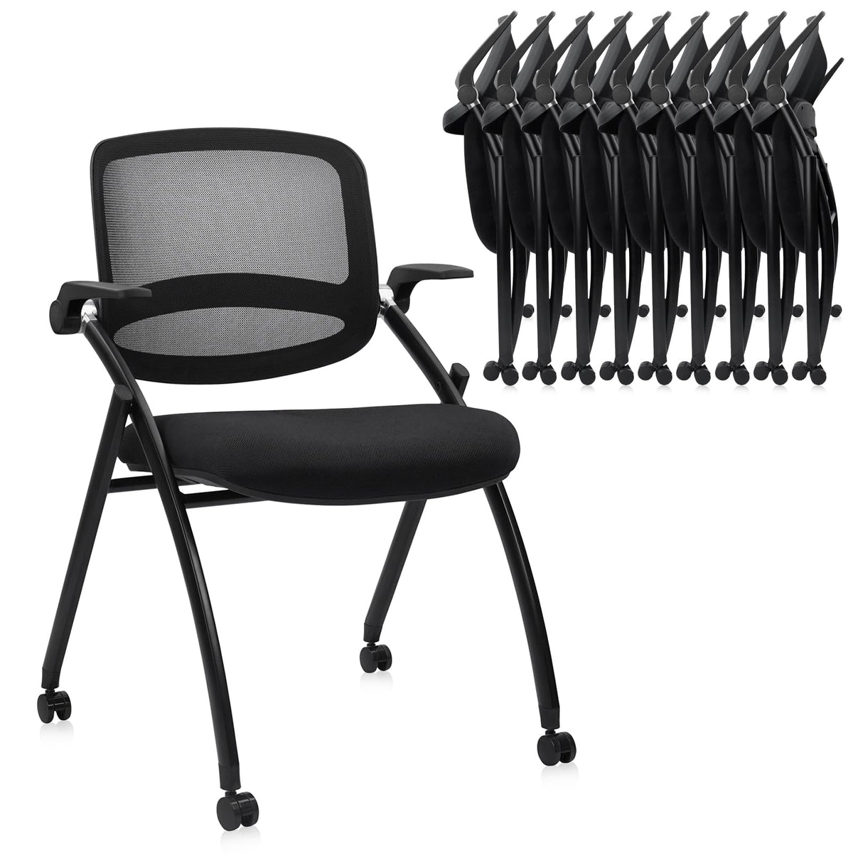 Clatina Stackable & Foldable Conference Chair with Wheels, Ergonomic Mesh Back, 300lbs Capacity, Breathable Padded Seat, Adjustable Armrests,
