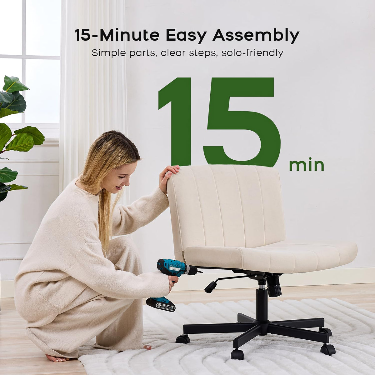 Lukkdys Criss Cross Chair with Wheels, Wide Cross Legged Desk Chair, Comfy Fabric Vanity Chair for Home Office Bedroom, Adjustable Armless