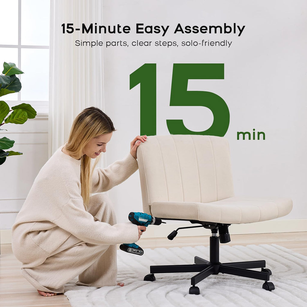 Lukkdys Criss Cross Chair with Wheels, Wide Cross Legged Desk Chair, Comfy Fabric Vanity Chair for Home Office Bedroom, Adjustable Armless