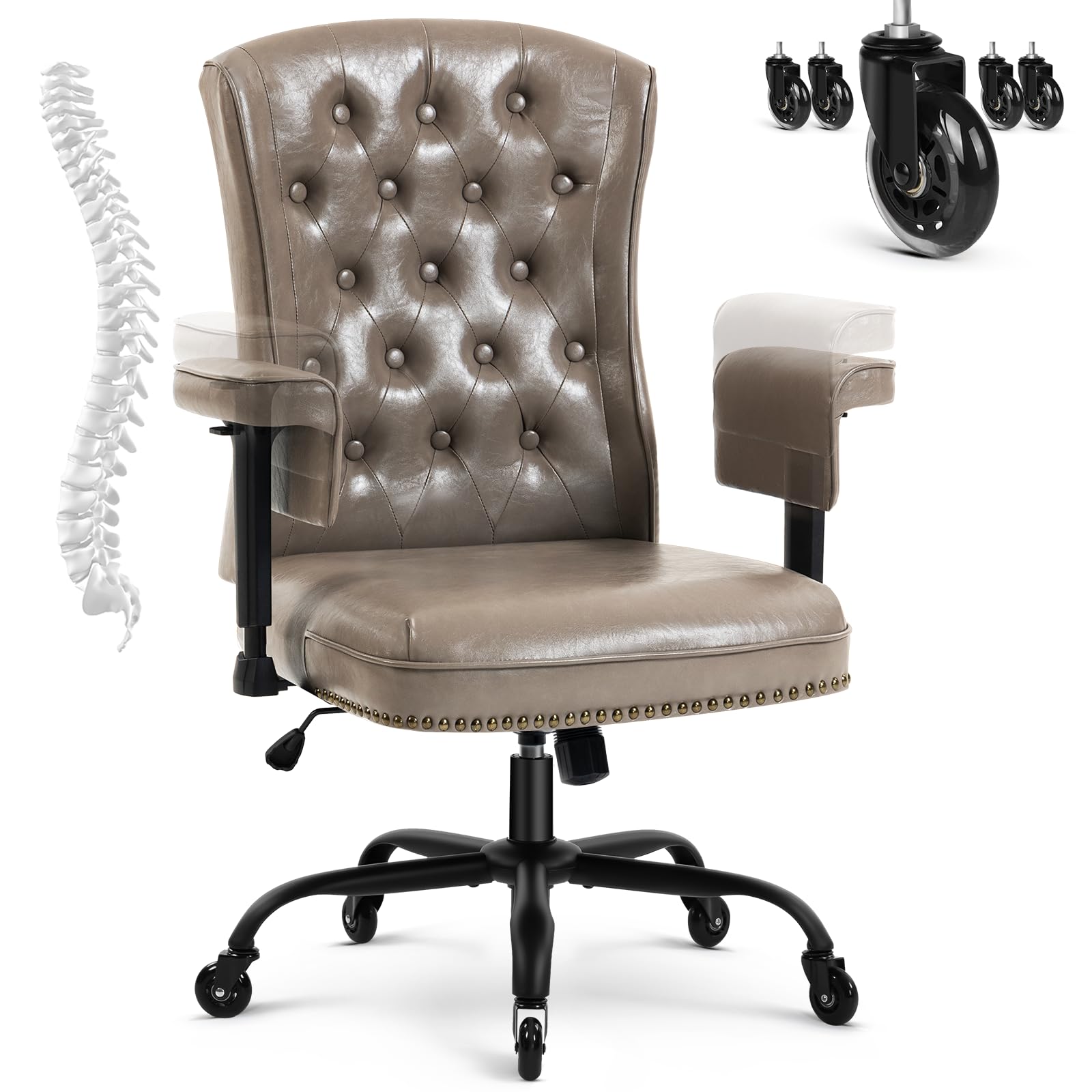 Yamasoro Ergonomic Executive Office Chair with Wheels and Arms, Tufted Back & Nailhead Trim, Home Office Desk Chairs for Home & Office, Faux