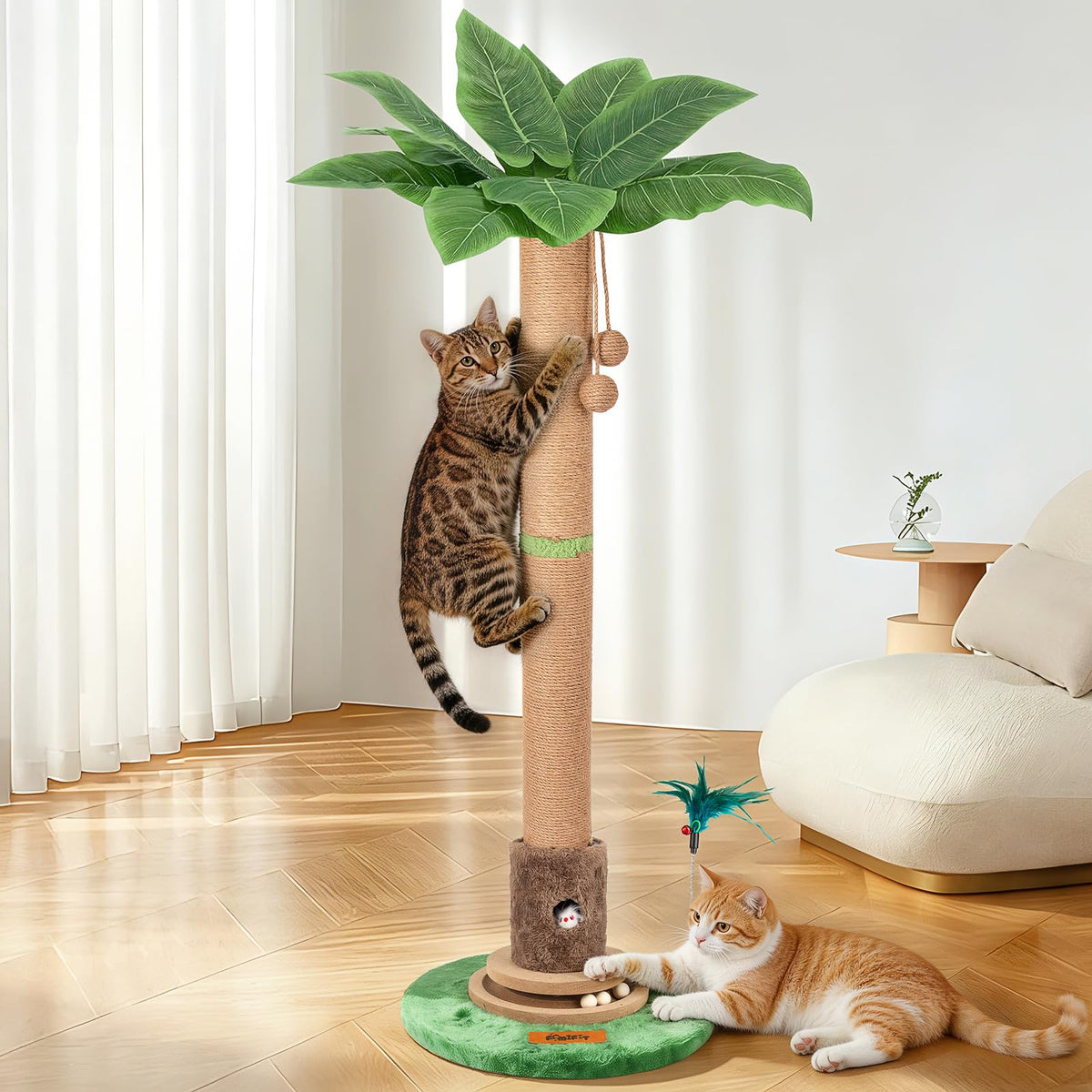 39" Cat Scratching Post for Indoor Cats, Interactive Plant-Inspired Cat Scratcher with Sisal Rope, Mouse Hole & Wooden Ball Track, Tall Cat Scratch Post for Large Adult Cats & Kittens