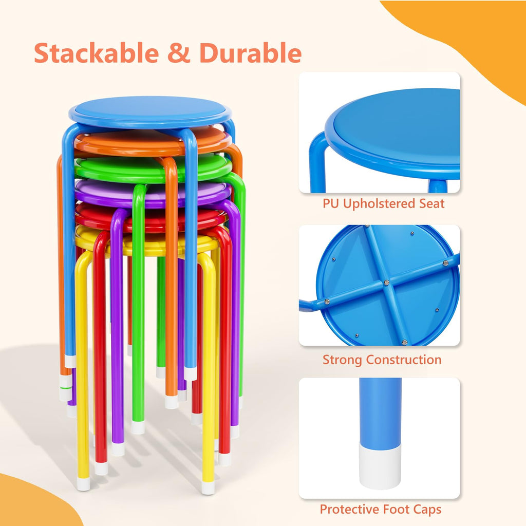 Vingli 18 Inch Padded Stacking Stools 6 Pack, Colorful Metal Round Stool, 18 Inches, Colored Legs