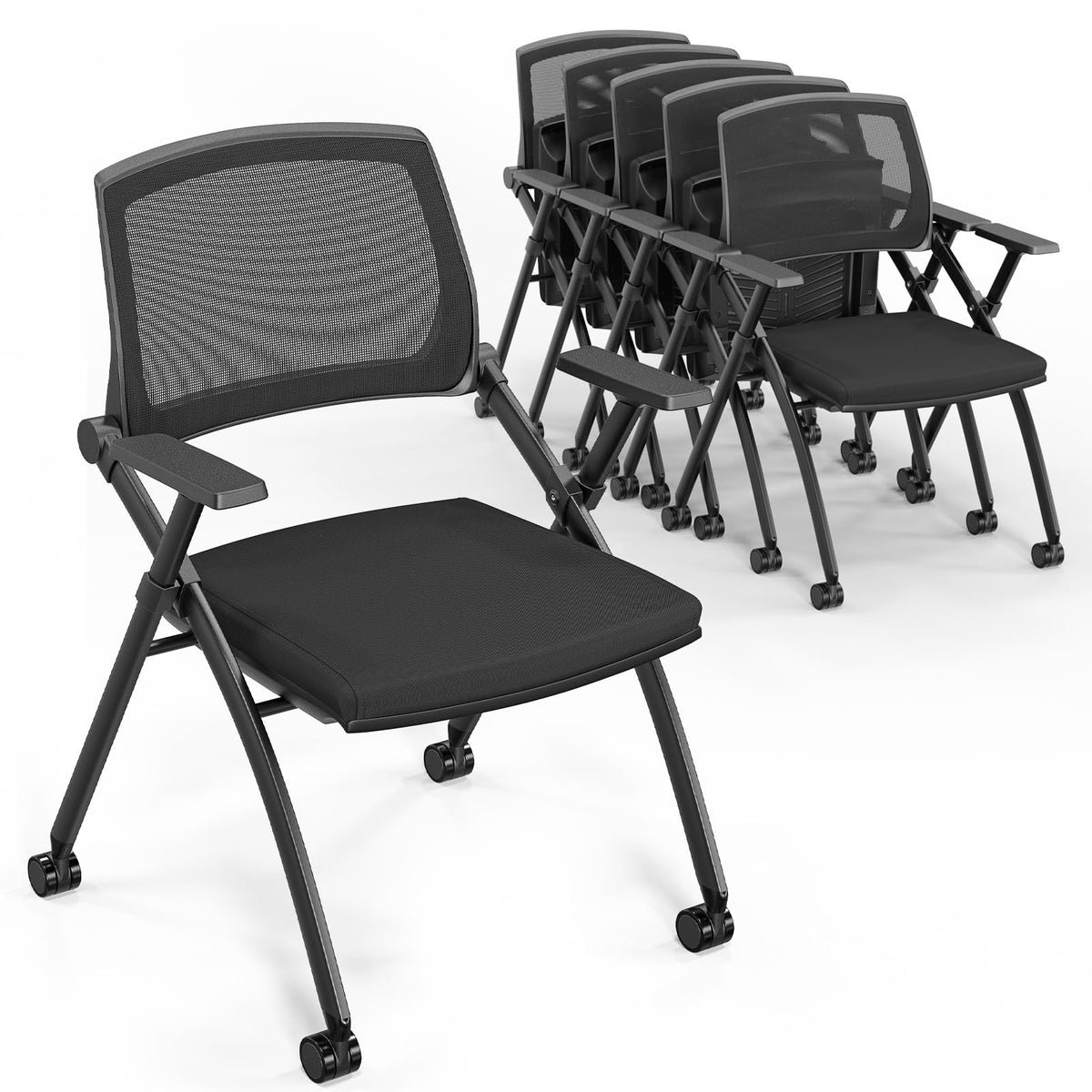 Vingli 6 Pack Stackable Conference Room Chairs with Wheels, Folding Office Chair with Rebound Back, Padded Seat for Training Room, Guest,