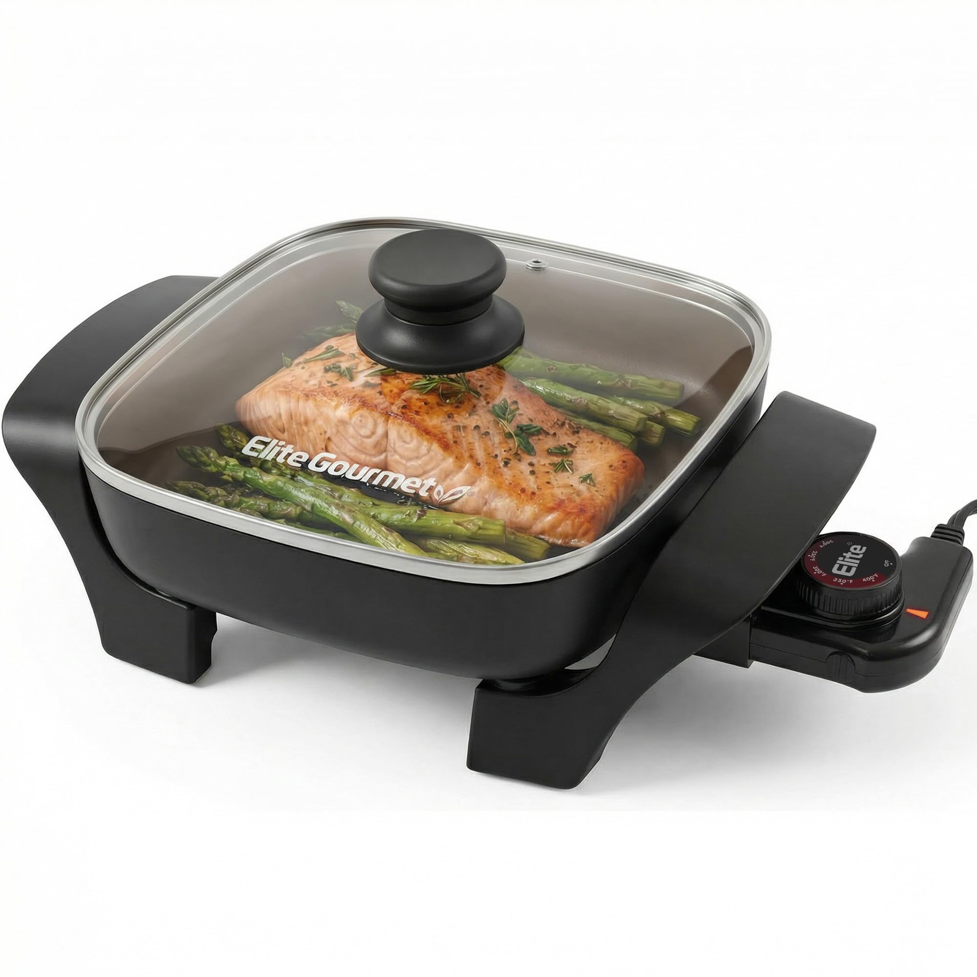 Elite Gourmet EG808C Electric Skillet 8"x8" PFAS-Free Ceramic Non-Stick, Tempered Glass Vented Lid, Removable Thermostat 200–400°F, Dishwasher Safe, 2.5-Qt Capacity for One-Pot Meals, Black