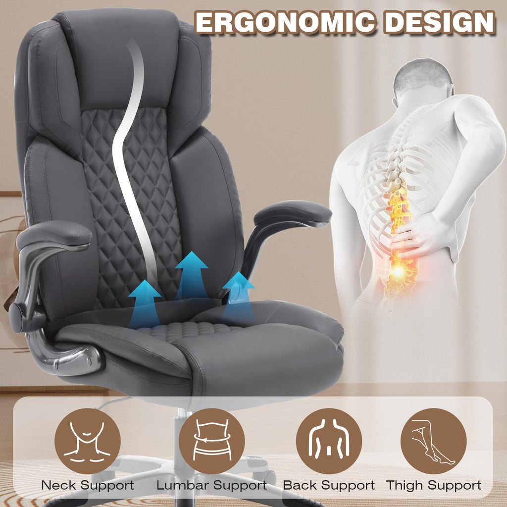 Reficcer Leather Executive Office Chair with Flip Up Arms, Grey, 30.7 inches x 22.83 inches x 13.77 inches, Grey Leather
