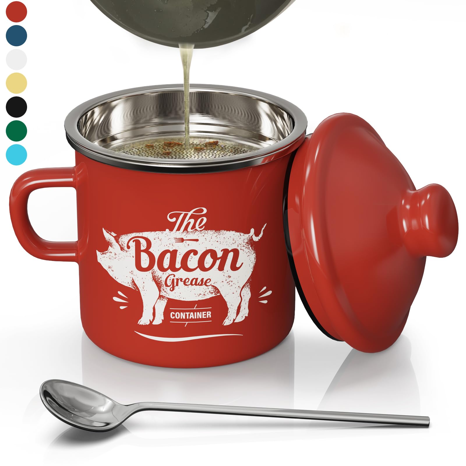 PGYARD Mini Bacon Grease Container With Strainer - 15OZ Enamel Grease Saver, Farmhouse Bacon Grease Keeper For Kitchen Fat Storage, Dishwasher Safe-Red