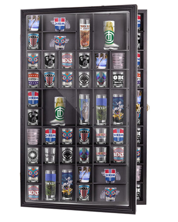 WodGod Removable Giant Shot Glass Display Case,30.5 * 19 Inches,70 Slots,Removable Shelves,Fit for Lots of Sizes Shot Glasses,Wall Mount,Gold Lock,with UV Protection Acrylic Glass Door