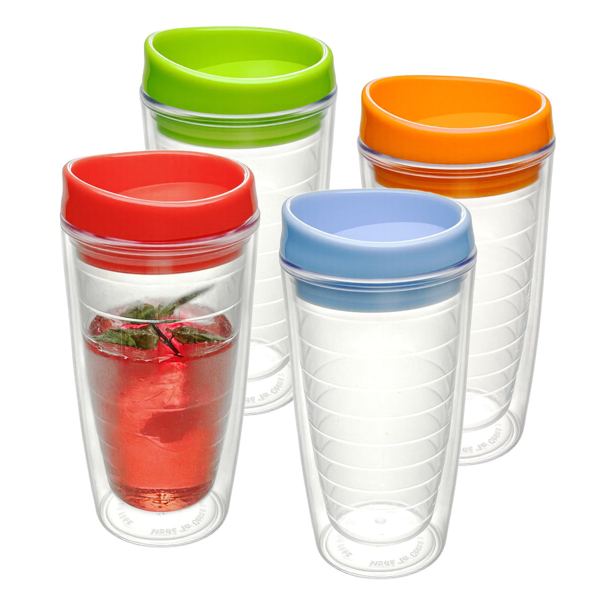 Lily's Home Set of 4 Double Wall 16oz Travel Cups with Multi-Color Lid, Reusable Insulated Plastic Tumblers, BPA Free, Handwash Only - Perfect for Iced Coffee and Cold Drinks, Indoor/Outdoor Use