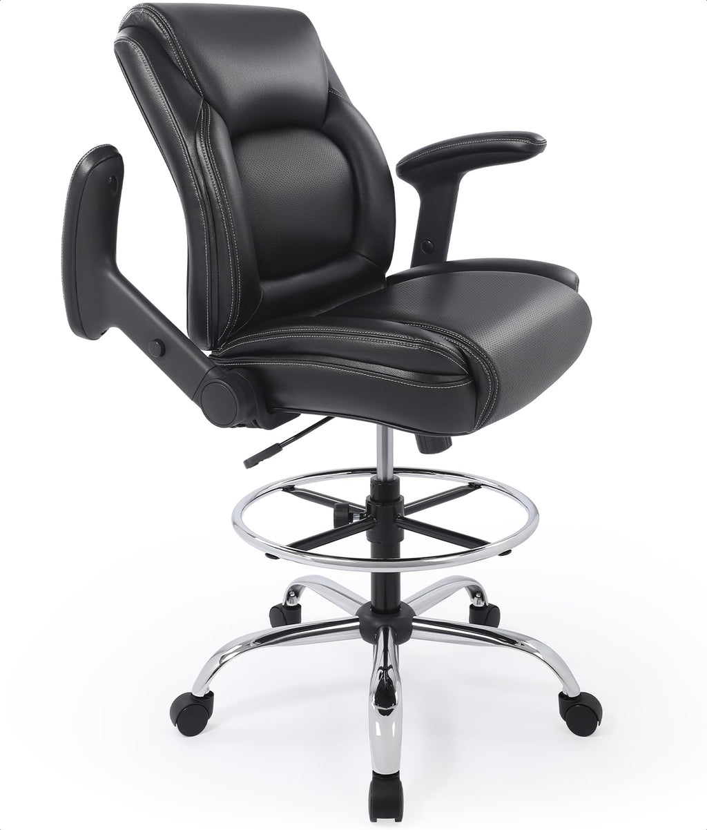 Ergonomic Mid-back Premium Faux Leather Adjustable Drafting Chair with Multi-function Arms and Foot Ring, Standing-desk Matched Tall Swivel