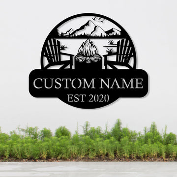 Custom Metal Campfire Sign, Lake Scene Campsite Monogram Decor, Lake House Sign, Personalized Camper Name Sign, Outdoor Decor, Address Sign, Campfire Family Name Sign, Cabin Art, Housewarming Gift