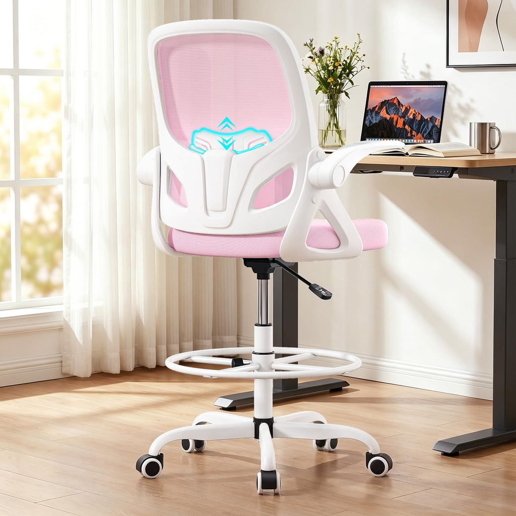 Kensaker Drafting Chair Tall Office Chair, Ergonomic Standing Desk Chair with Adjustable Foot Ring and Flip-up Armrests, Mesh Computer Chair