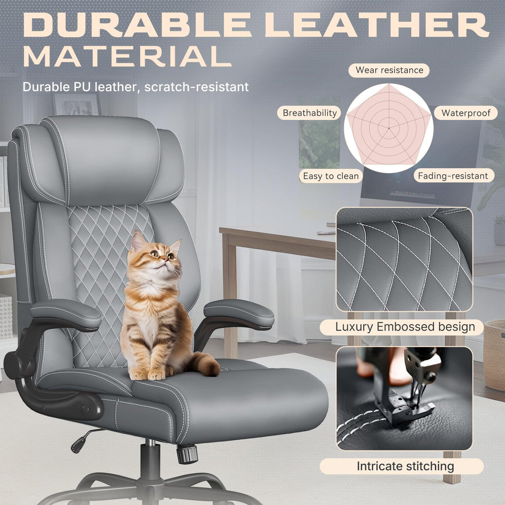 Cyzena Office Chair-executive High Back Breathable Big and Tall Office Chair Flip-up Armrests Lumbar Support-ergonomic Leather Rolling Swivel