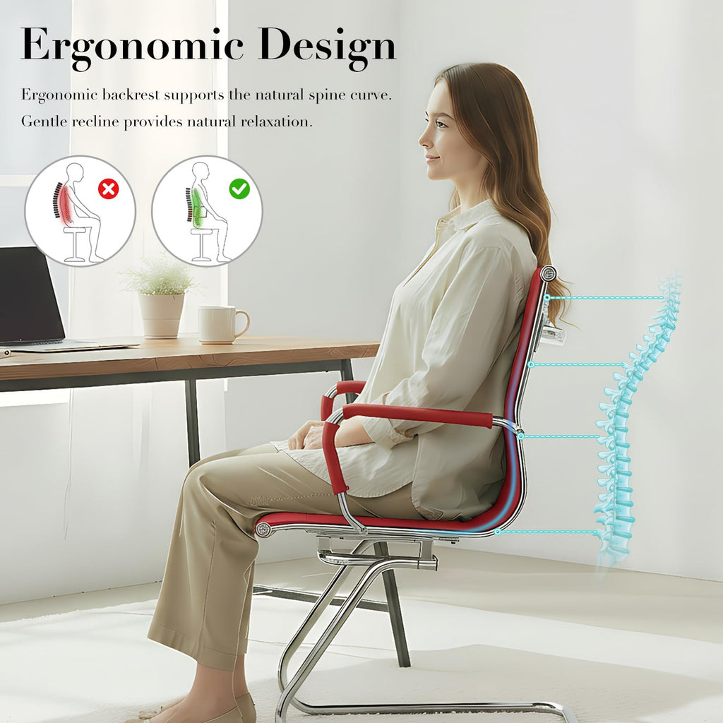 Cimota Waiting Room Chairs Leather Office Guest Chair Mid Back Reception Chairs with Sled Base for Meeting/patient/conference Room, Red Set of 1