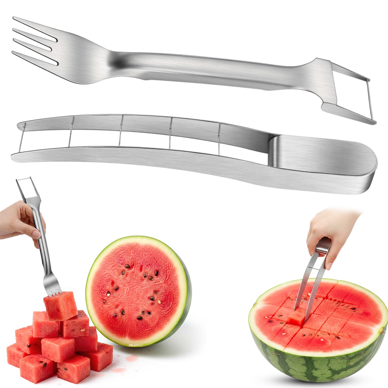 LemonRoad 2 Pcs Watermelon Cutter Slicer Set, 2-in-1 Stainless Steel Fruit Cutter with Fork & Watermelon Cutters Tool for Easy Cubes, Quickly Melon Slicer Tool for Home Camping Kitchen(Silver Handle)