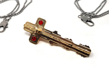 Cruciform Key Replica Necklace, 3.25 inch Brass Key with Red Glass Cabochons, 30 inch Steel Chain