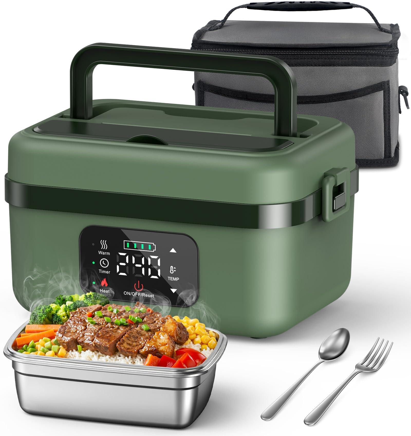 Cordless Electric Lunch Box for Adults, 16000mAh Rechargeable Self-Heating Lunch Box Food Warmer with Timer & Adjustable Heating, 34oz/1L Container with Insulated Bag for Office Car Outdoor