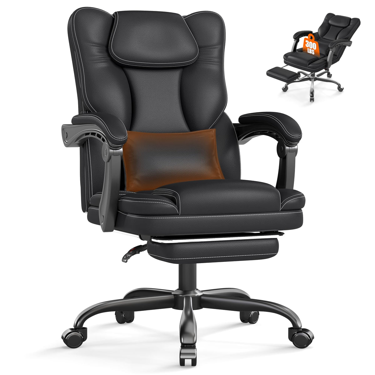 Ergonomic Office Chair with Footrest, Reclining Executive Computer Chair, Black with Footrest