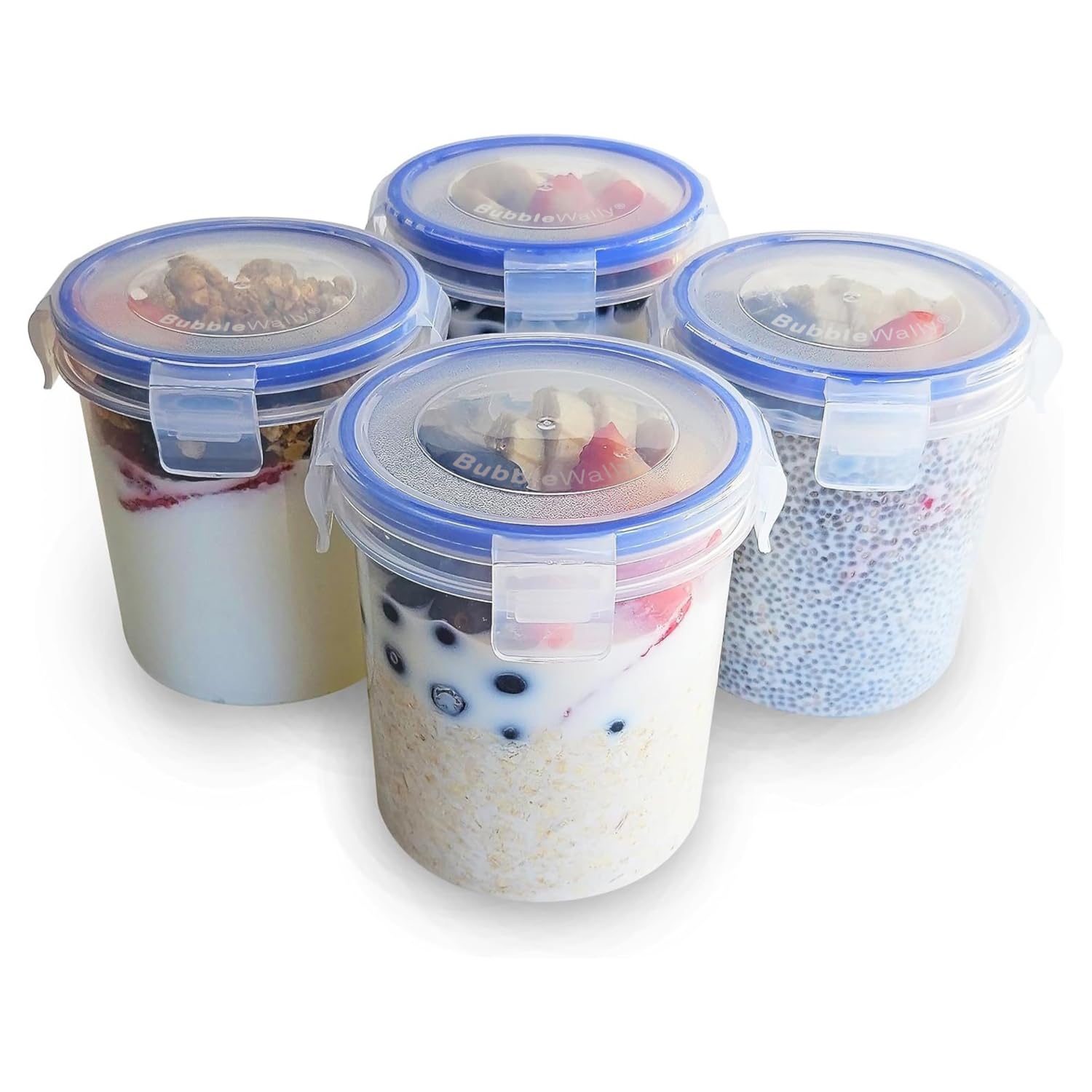 Overnight Oats Container with Lids (4-Piece set) - 16 oz Plastic Containers with Lids - Oatmeal Container to go | Portable Cereal and Milk Container on the go | Airtight Snap Lock Storage Jars